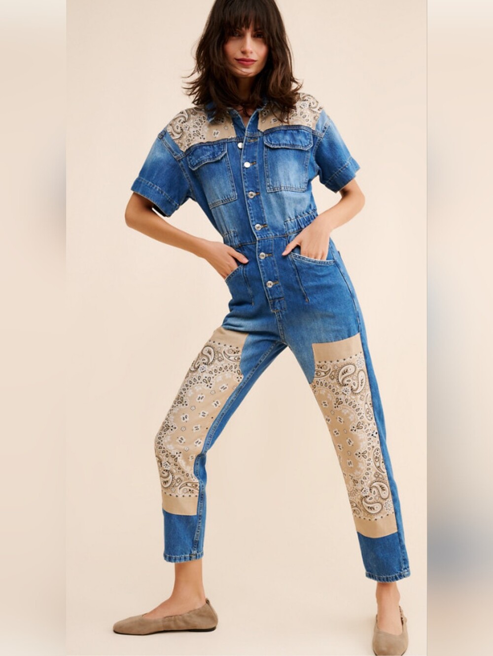 Tricia Fix/Free People Blue Denim Romper with Tan Bandana Detail
